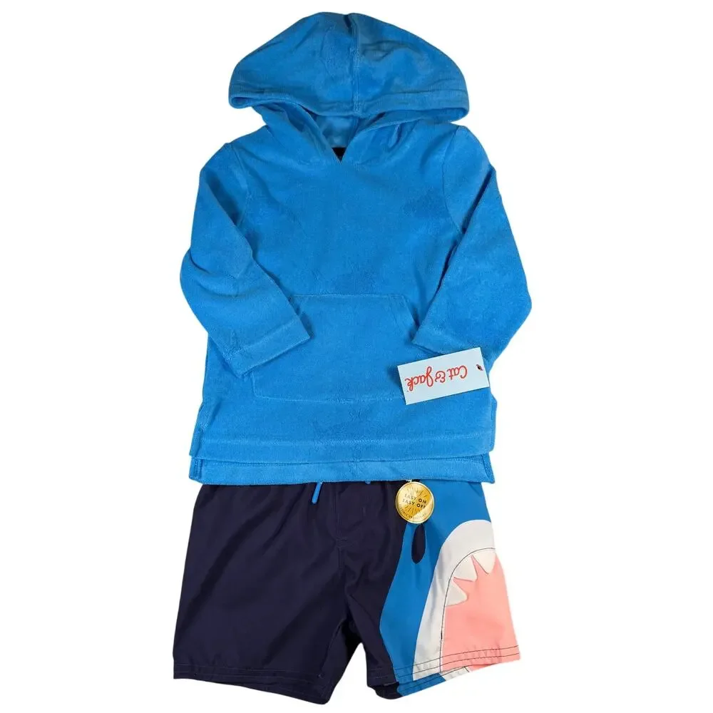 Cat & Jack Swim Set Boys 2T Trunks and Coverup Sharks Blue NWT